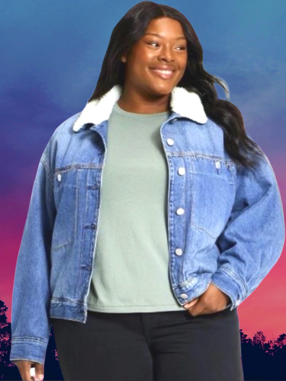 🆕Universal Thread Women’s plus-size Blue Denim Sherpa-Collar Jacket💜💜3X